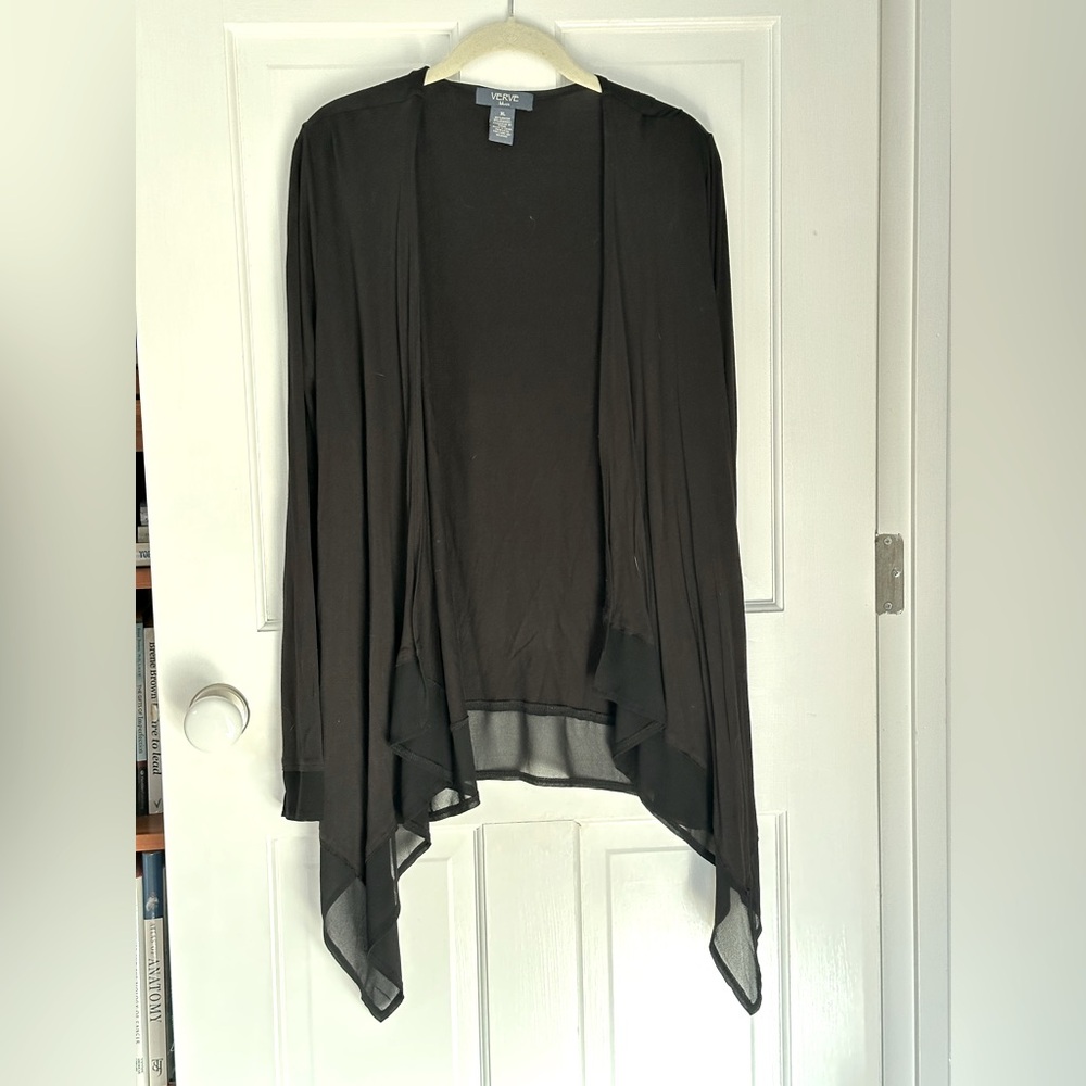 EUC black Verve drapey cardigan with sheer trim and waterfall front - size XL